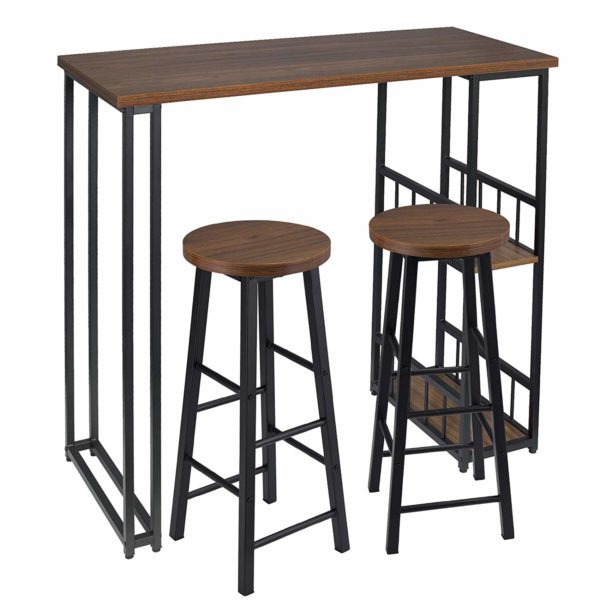 Барний стіл з двома полицями з металевого каркасу та МДФ + 2 барні стільці BT25-BH130 (Коричневий темний)